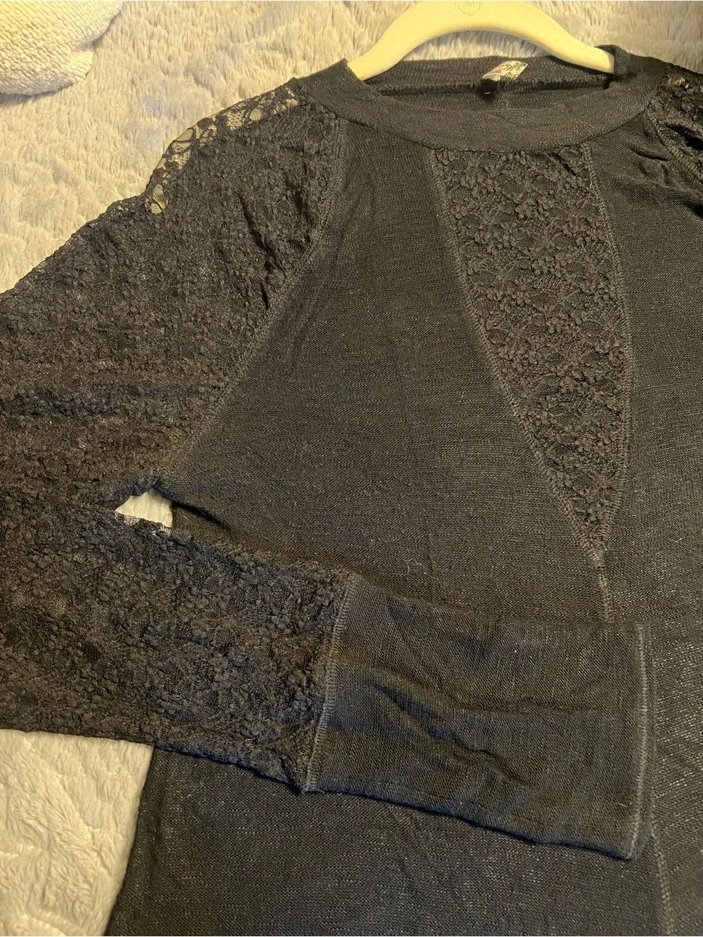 Free People Black Lace Inset Long Sleeve Top